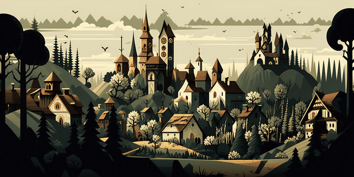 Skyline einer kleinen Stadt im Mittelalter / Wallpaper