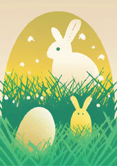 Set of Easter backgrounds. Spring morning meadow with easter bunny, basket with eggs.