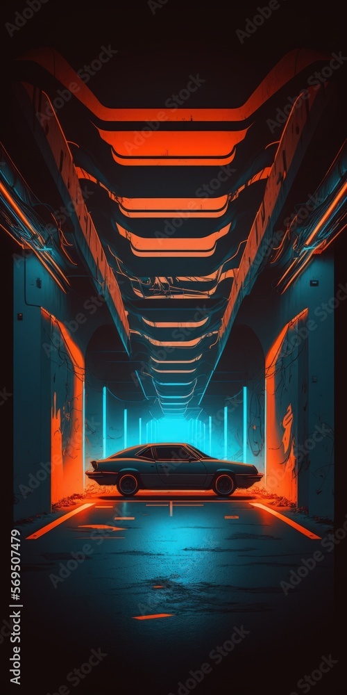 Poster futuristic underground industrial cyber Fluorescent Neon Orange Glowing Blue Lights Background illustration for a tunnel with dark concrete car parking in a cement stained garage. Generative AI