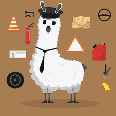 Cute funny lama cartoon alpaca driver mascot. LLama animal hand drawn vector