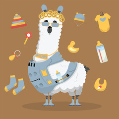 Cute funny lama cartoon alpaca mother mascot. LLama animal hand drawn vector © rymarenko