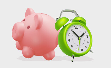 3d illustration of retro green alarm clock with pink piggy bank on color background, time to save money. 3d design