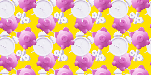 3d seamless pattern of retro white alarm clock with pink piggy bank on yellow color background, time to save money. 3d design