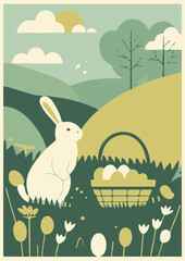 Set of Easter backgrounds. Spring morning meadow with easter bunny, basket with eggs.