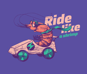 Shrimp is riding an electric go cart vector illustration. Hand drawn racer crab wearing goggles and scarf racing with fast car. Line art design for posters and cool stickers on purple background.