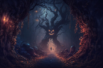 Night Magic Fantasy Forest AI Generative Art - Dark Landscape with Pumpkins, Neon, and Magic Lights