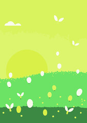 Set of Easter backgrounds. Spring morning meadow with easter bunny, basket with eggs.