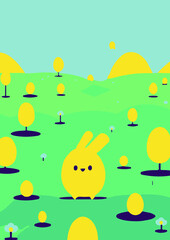 Fototapeta premium Set of backgrounds for the text dedicated to the holiday of Easter. . Spring morning meadow with easter bunny, basket with eggs. Cute picture nature animals sunny colors. Set of Easter backgrounds
