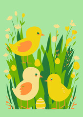 Set of backgrounds for the text dedicated to the holiday of Easter.   . Spring morning meadow with easter bunny, basket with eggs. Cute picture nature animals sunny colors. Set of Easter backgrounds