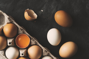 Eggs in carton. One cracked egg with egg yolk. - Powered by Adobe