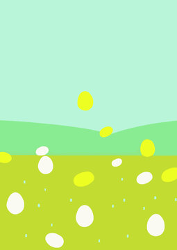 Set of Easter backgrounds. Spring morning meadow with easter bunny, basket with eggs. © len