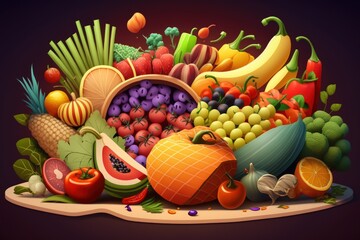 Obraz na płótnie Canvas Full screen of fresh seasonal fruits and vegetables and whole grains. Generative AI