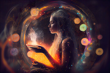 Mystic female in sound therapy session, embodying serene yoga meditation within a celestial aura. generative ai     
