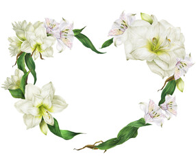 Wreath in the shape of a heart of white and red lilies