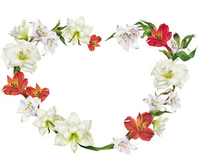 Wreath in the shape of a heart of white and red lilies