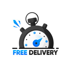 Free Delivery. Banner with clock and free delivery inscription. Banner for retail, delivery, shop, social media, advertising. Modern design. Vector illustration.