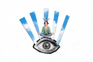 Weird unusual graphics collage of calm dreamy woman yoga trainer meditate spiritual open third eye...