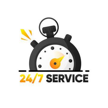 Service 24 to 7. Service banner 24 hours a day and 7 days a week. Help support concept with stopwatch. Modern design. Vector illustration.