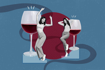 Magazine graphics collage template of two friends girls enjoy weekend relax party drink gourmet red wine