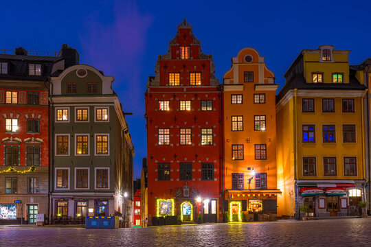 Stockholm, Sweden. Stortorget in Gamla Stan, the old town, beautiful picturesque building at night