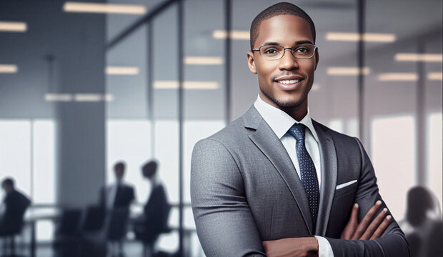 Cheerful, successful, and confident African American attorney or business man in a suit, standing with arms folded, in successful legal office space, generative ai