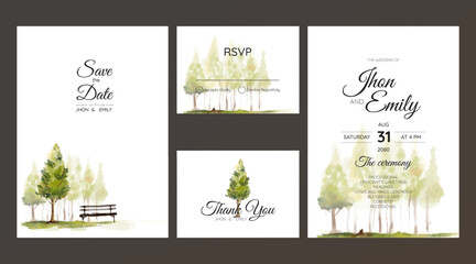wedding invitation with garden, tree and chair illustration, watercolor