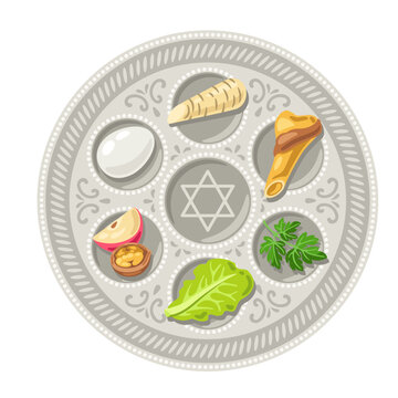 Happy Pesach Jewish Passover plate illustration. Holiday background with traditional symbols.
