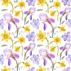 Spring seamless pattern of iris and alstroemeria and daffodil flowers