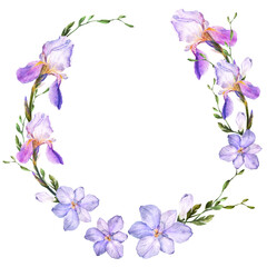 Spring wreath of violet iris and alstroemeria flowers