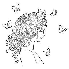 Hand-drawn illustration of woman profile with flowers and butterflies. Black and white images on white background.