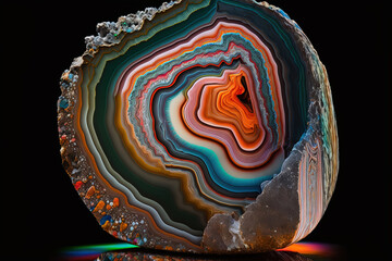 Background of natural volcanic agate stone texture, raw crystal. Fairburn agate colorful mineral rock. Pure quartz marble formation art. Orange, blue and cyan gemstone. Generative art