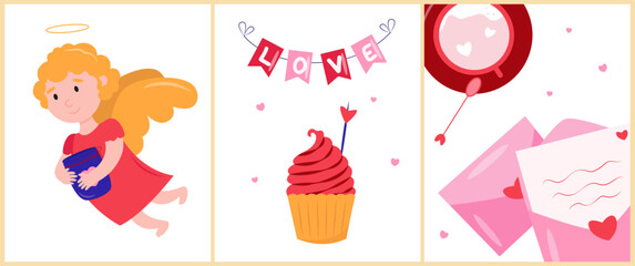 Valentine's Day card set. cute illustrations in a flat cartoon style