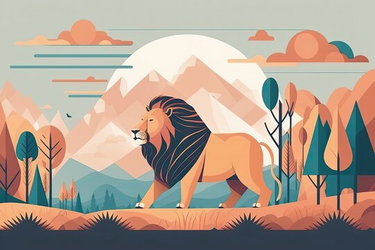 Lion in beautiful landscape, minimal vector. Generative AI