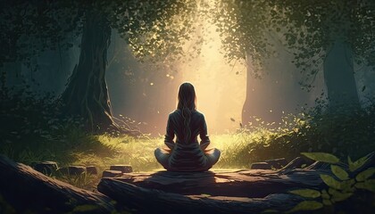 illustration of beautiful young woman with meditating in a beautiful forest as part of a healthy lifestyle, representing travel and the enjoyment of nature.