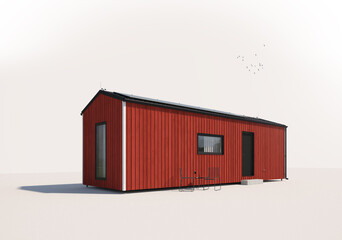 Tiny wooden red house. Minimal Scandinavian housing.
