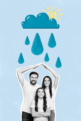 Template magazine collage of happy family caring hold hands roof protect raindrop harmony...