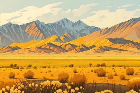 Grasslands of Dasht Arjan. wide panorama with autumn grass field and mountains in background at evening time, Typical autumnal scenery of Fars Province, iran. Generative AI