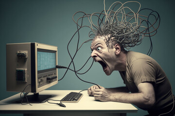Man with wires coming from his head connected to computer. Social media or internet addiction mental health concept. Ai generated - obrazy, fototapety, plakaty
