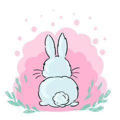Adorable bunny rabbit back side on pink with leaves. Cartoon character. Spring, summer, Easter illustration.