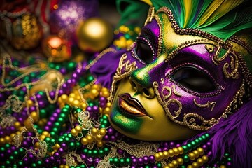 Festive Mardi Gras Mask with Feathers Beads and Baubles Generative AI