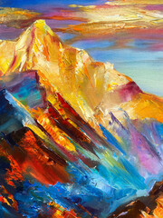 Fototapeta na wymiar Original oil painting. Beautiful mountains. Palette knife and canvas. Wall art. 
