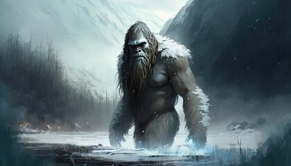Yeti, abominable snowman.Furry ape like creature in the mountain, illustration - generative ai