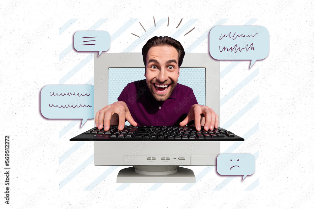 Aufkleber creative magazine template image collage of crazy guy use screen pc computer typing many message pop