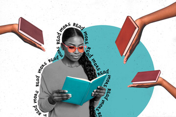 Creative magazine poster collage of geek nerd student lady enjoy read interesting book friend...