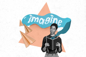 Creative magazine template collage of business person nerd read smart book imagine story flying...