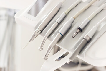 Closeup of a modern dentist tools, burnishers with blurred background. High quality horizontal photo from dentist room.