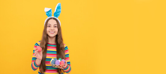 pure happiness. adorable funny kid on egg hunt. easter spring holiday. happy teen girl. Easter child horizontal poster. Web banner header, copy space.