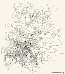 Fototapeta na wymiar Detailed navigation black lines urban street roads map of the German town of CELLE, GERMANY on vintage beige background