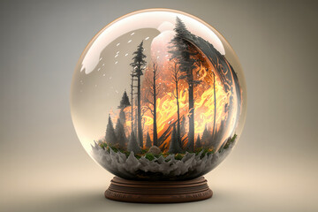 forest fire in a glass globe, generative ai
