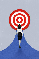 Creative banner poster collage of lady economist go forward ambition aim up success direct red...